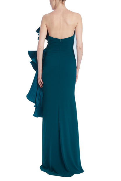 Badgley Mischka Strapless Side Pleated Ruffle Fan Gown - TEAL - Back