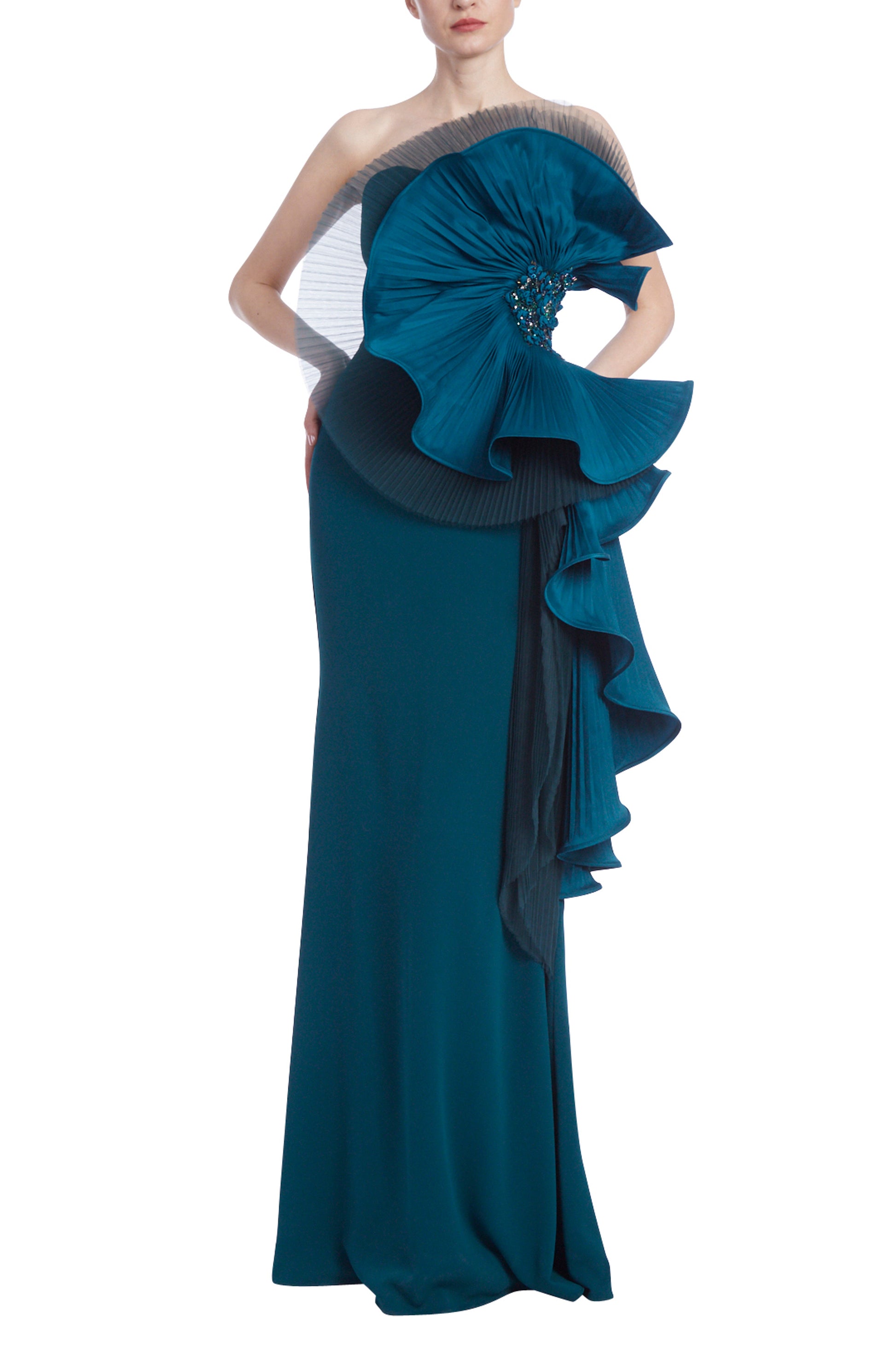 Badgley Mischka Strapless Side Pleated Ruffle Fan Gown - TEAL - Front