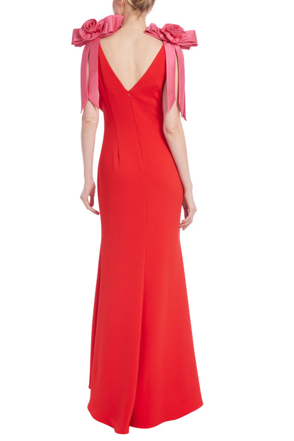 Badgley Mischka Two-Tone Rosette Shoulder Column Gown - RED FUCHSIA - Back