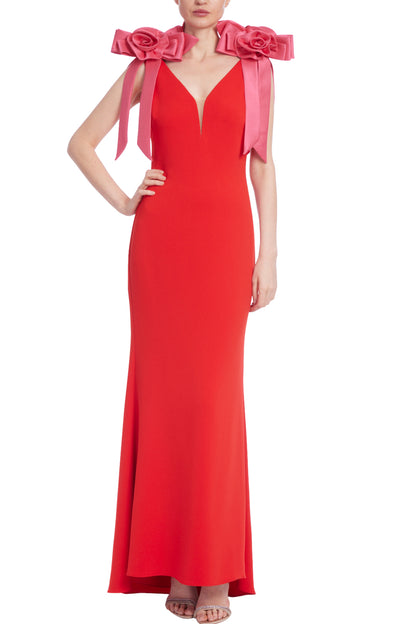 Badgley Mischka Two-Tone Rosette Shoulder Column Gown - RED FUCHSIA - Front