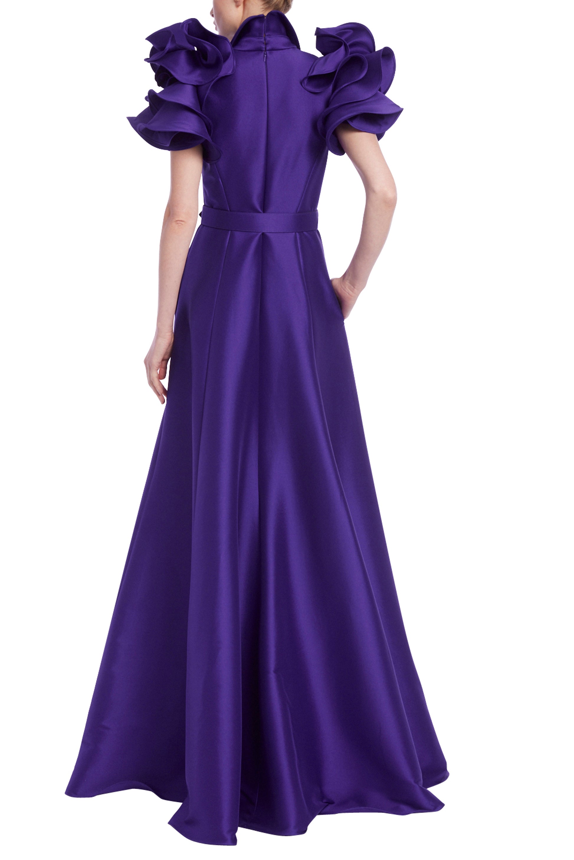 Badgley Mischka Mikado Ruffle-Sleeve Gown with Belted Full Skirt - Wholesale_PURPLE_back