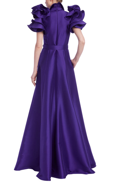 Badgley Mischka Mikado Ruffle-Sleeve Gown with Belted Full Skirt - Wholesale_PURPLE_back