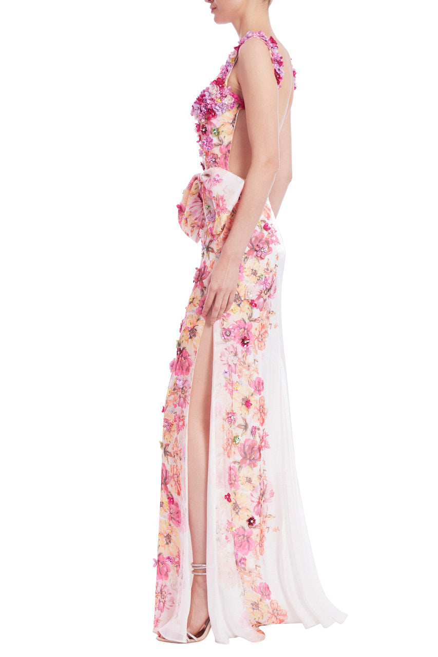 Badgley Mischka Placed Floral Embellishment Square Neck Open Side Slit Sleeveless Gown - WHITE MULTI - Side