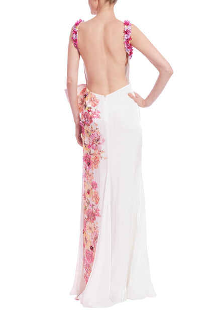 Badgley Mischka Placed Floral Embellishment Square Neck Open Side Slit Sleeveless Gown - WHITE MULTI - Back