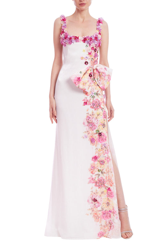 Badgley Mischka Placed Floral Embellishment Square Neck Open Side Slit Sleeveless Gown - WHITE MULTI - Front