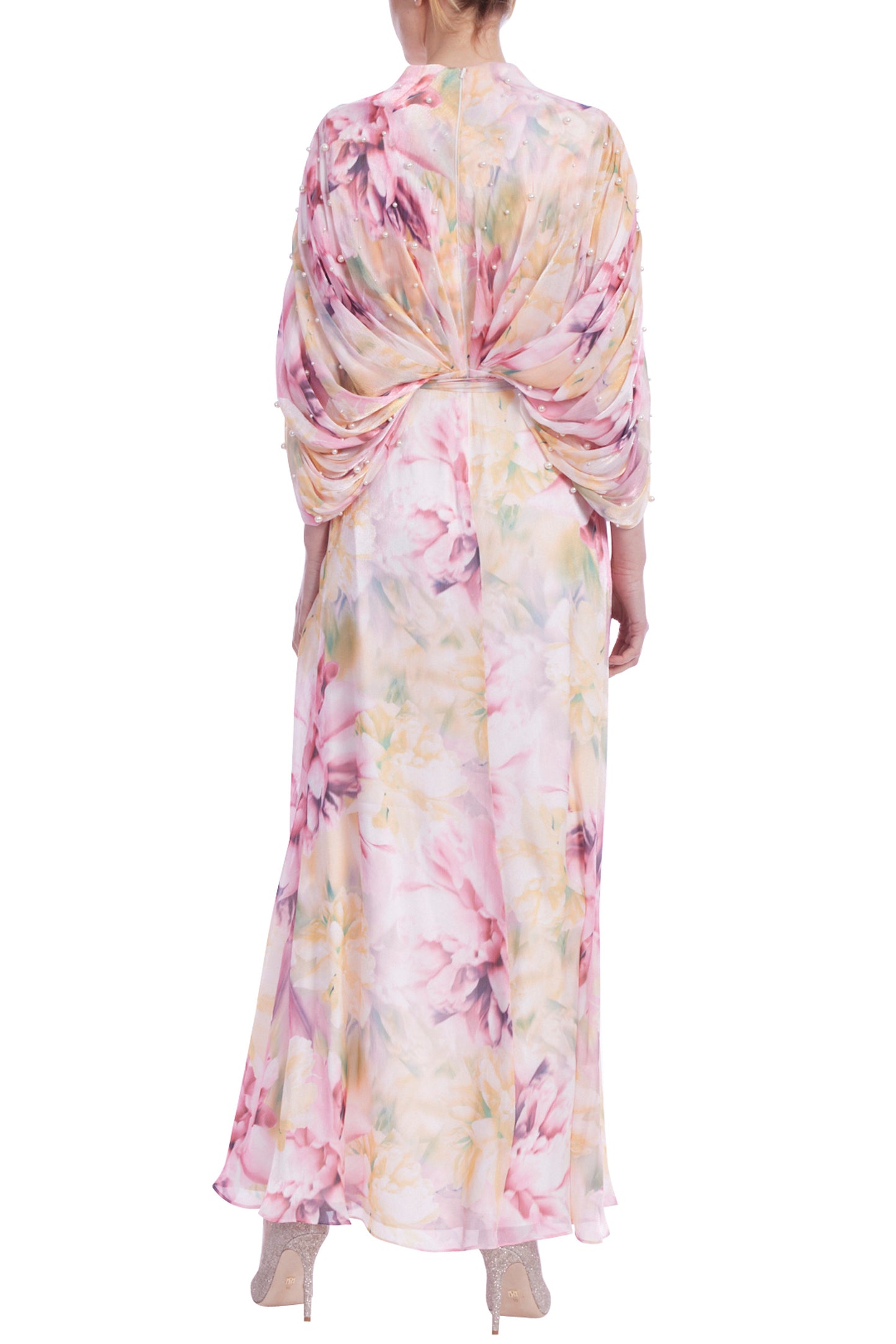 Badgley Mischka Flowing Chiffon and Pearls Floral Print Gown - PINK MULTI - Back