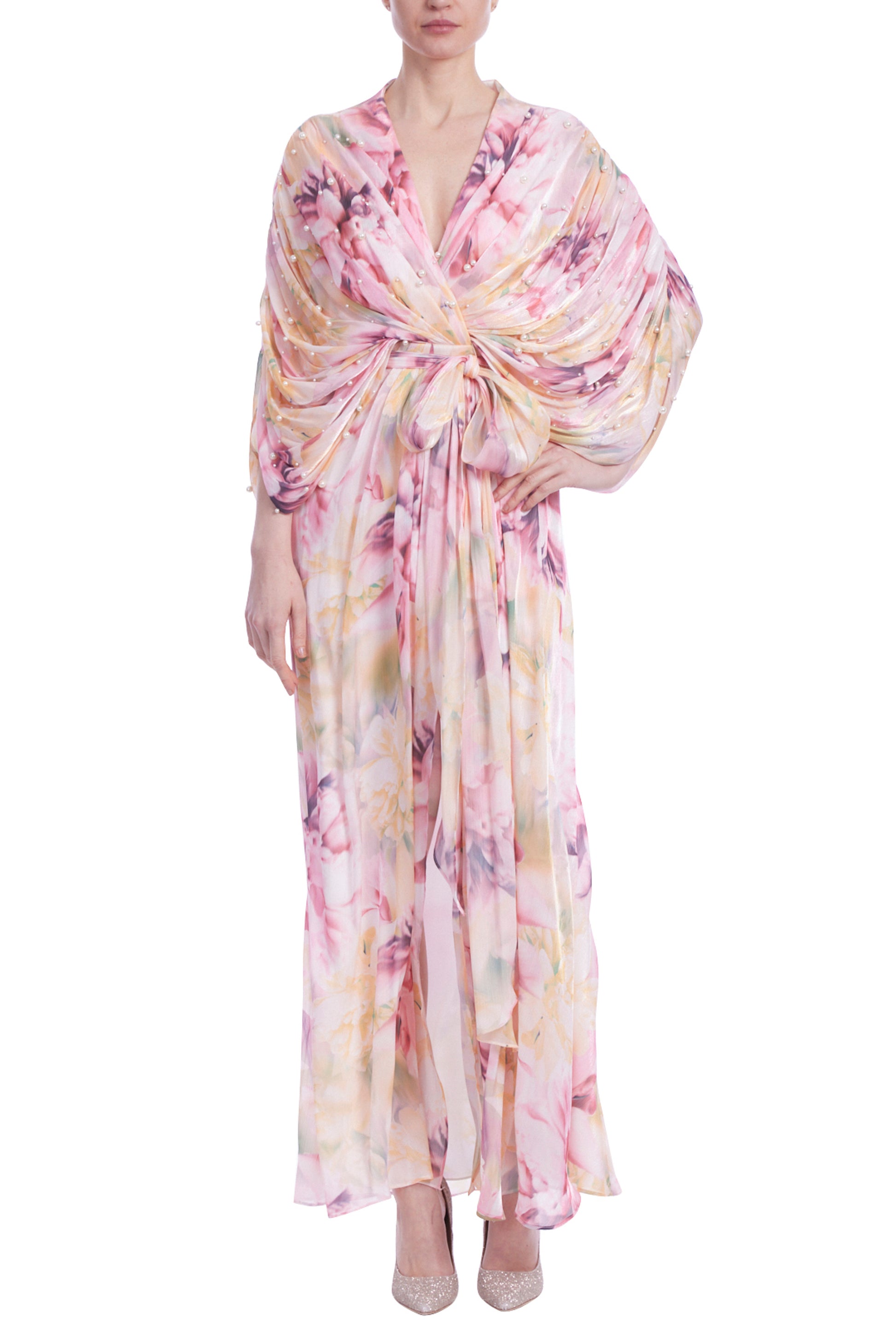 Badgley Mischka Flowing Chiffon and Pearls Floral Print Gown - PINK MULTI - Front