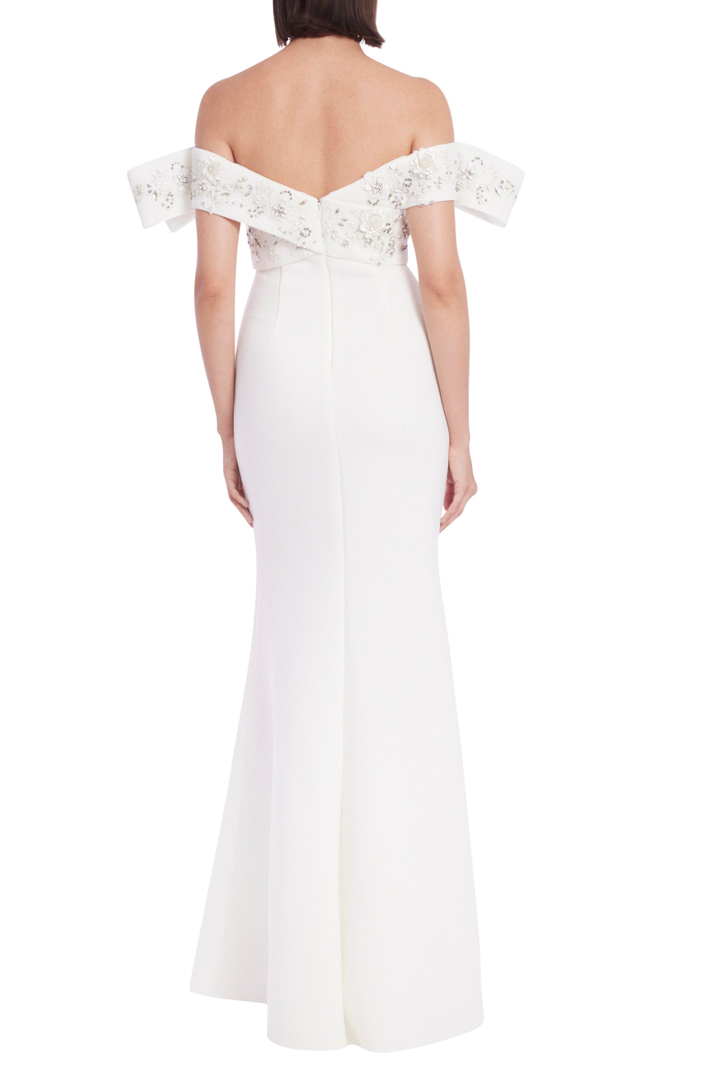 Badgley Mischka Exaggerated Off-Shoulder Gown with Beaded Bodice - WHITE - Back 