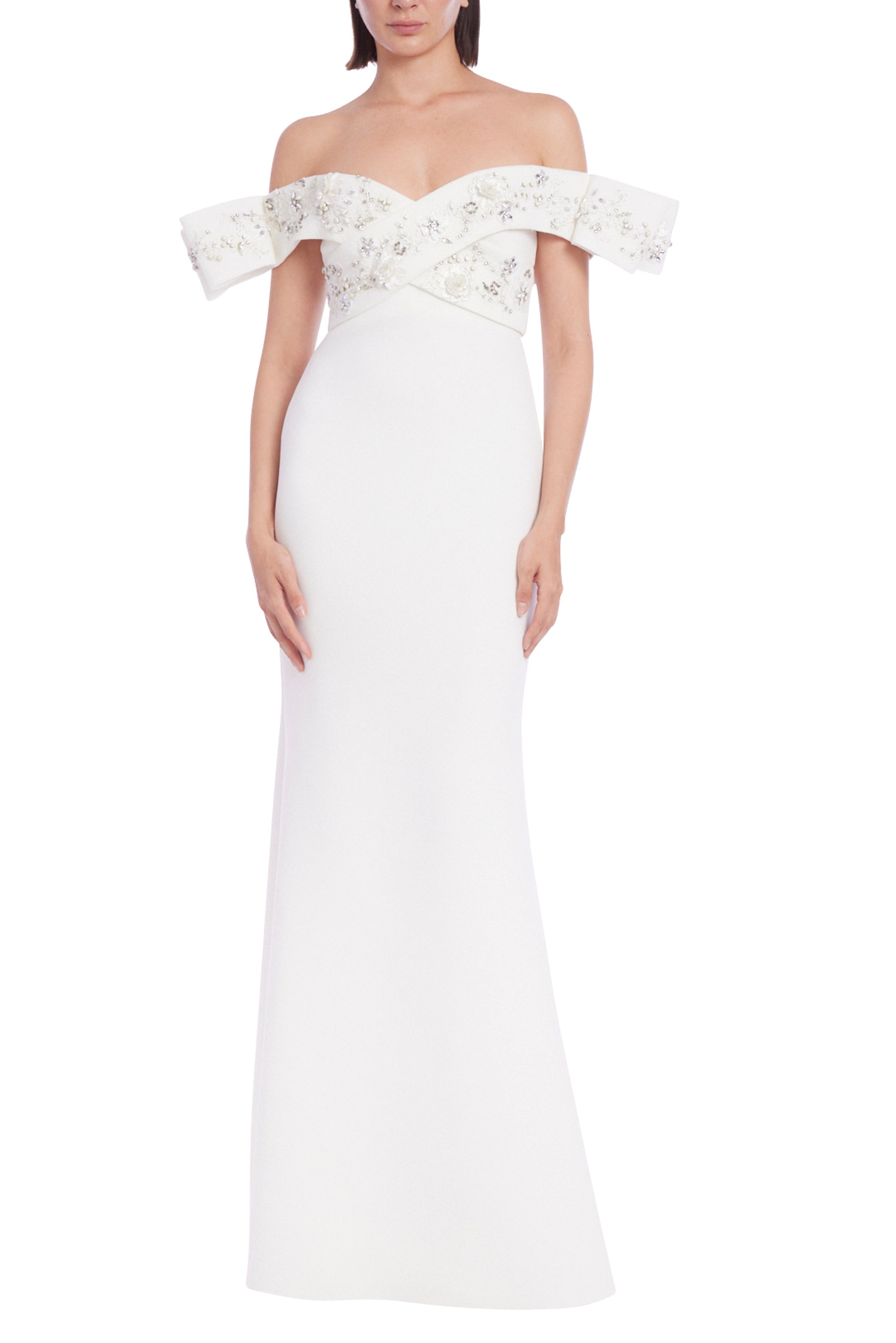 Badgley Mischka Exaggerated Off-Shoulder Gown with Beaded Bodice - WHITE - Front 