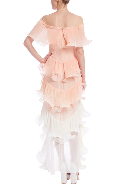 Badgley Mischka Off-The-Shoulder Pleated Organza Ombre Gown - PEACH MULTI - Back