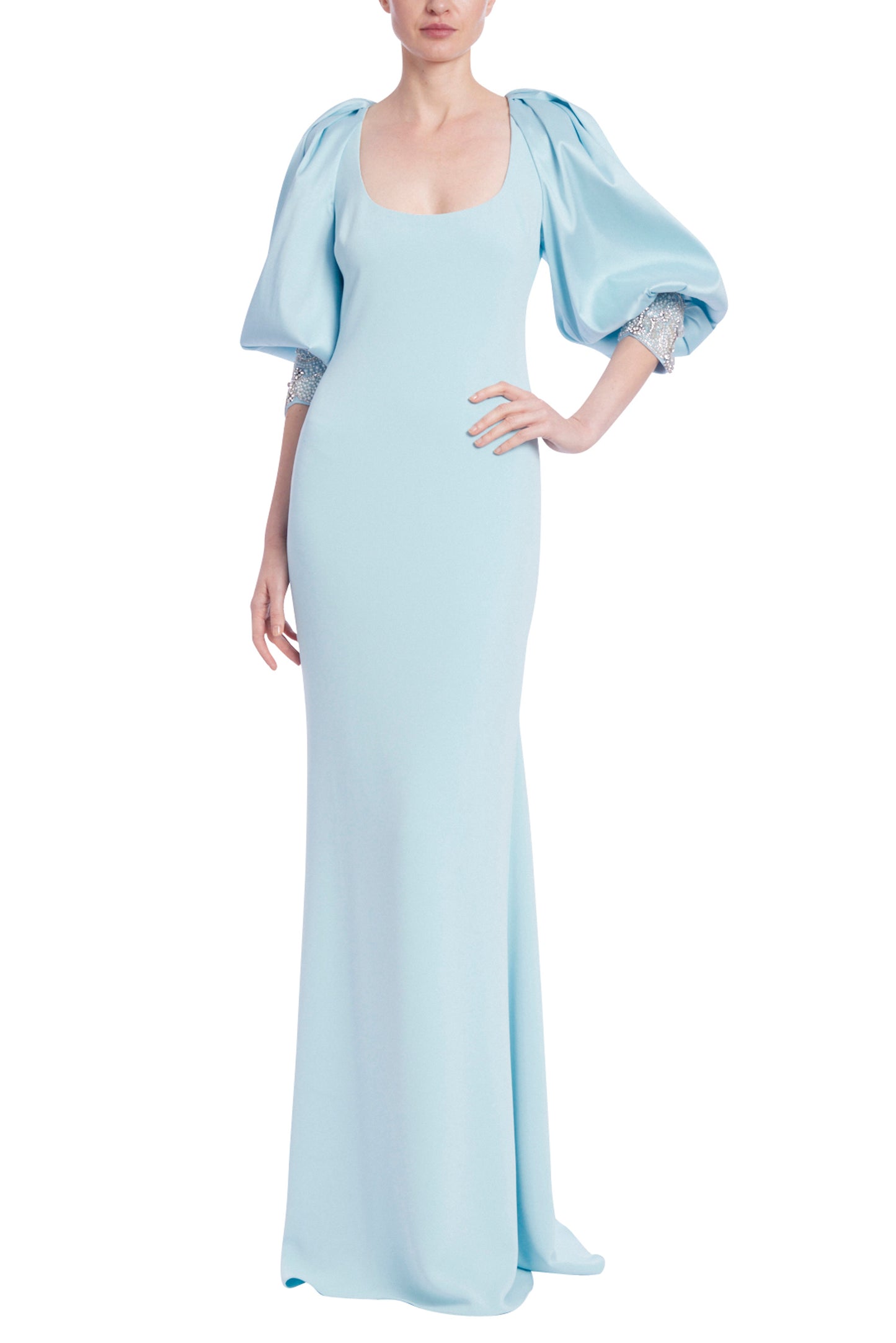 Badgley Mischka Beaded Cuff Jacket Column Gown - Wholesale -ICE BLUE_front