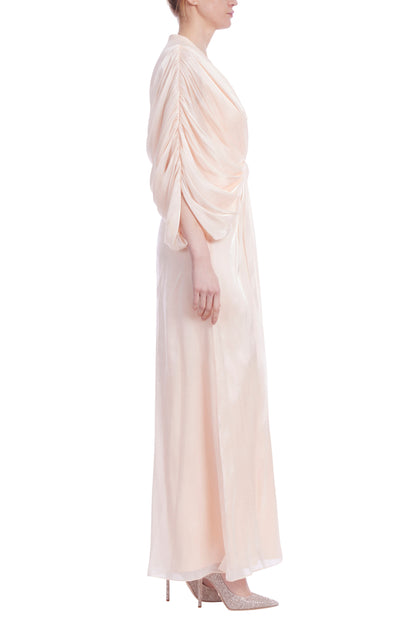 Badgley Mischka Deep V-Wrap Neckline Dolman Sleeves Twisted-Knot Waist Chiffon Bodice Column Maxi Gown Dress