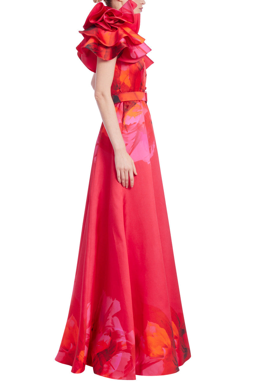 Badgley Mischka Collared V-Neck Floral Print Ruffle-Sleeved Taffeta Gown - FUCHSIA MULTI - SIDE