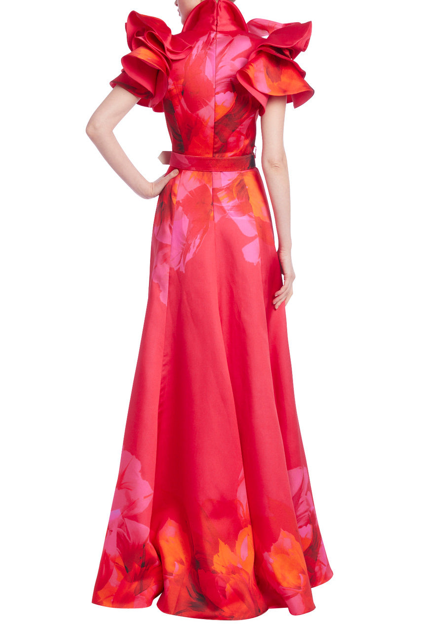 Badgley Mischka Collared V-Neck Floral Print Ruffle-Sleeved Taffeta Gown - FUCHSIA MULTI - BACK