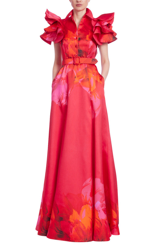 Badgley Mischka Collared V-Neck Floral Print Ruffle-Sleeved Taffeta Gown - FUCHSIA MULTI - FRONT