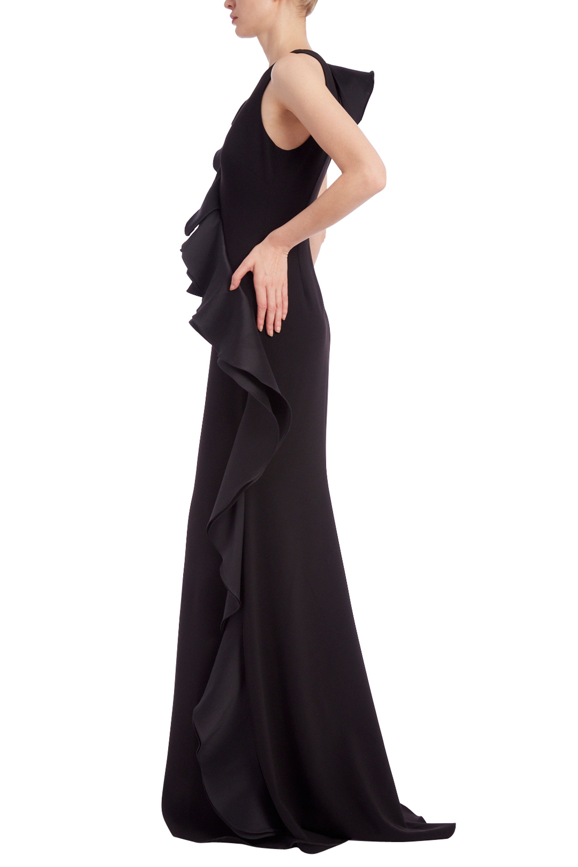 Badgley Mischka High Neck Sleeveless Column Gown with Mikado Ruffle Wrap - BLACK - Side