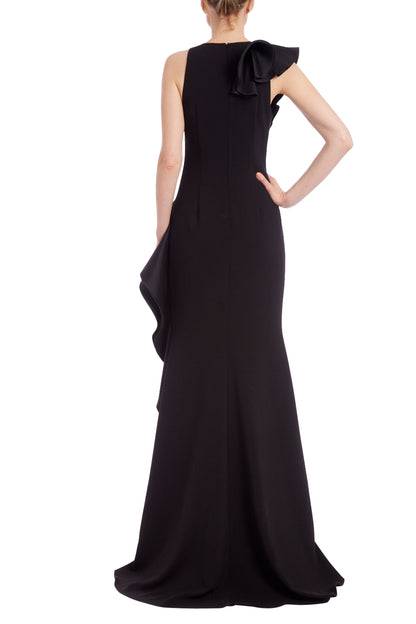 Badgley Mischka High Neck Sleeveless Column Gown with Mikado Ruffle Wrap - BLACK - Back