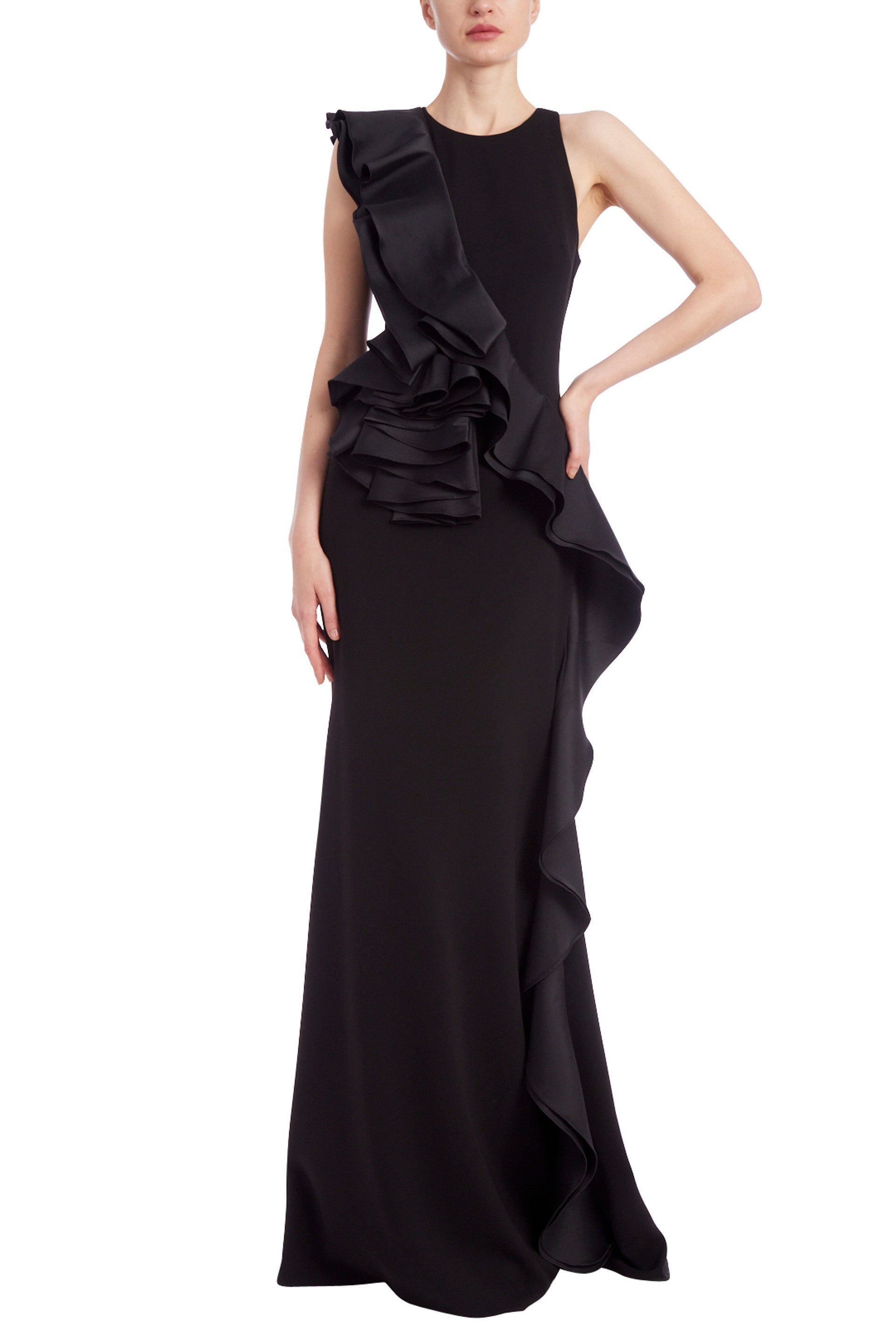 Badgley Mischka High Neck Sleeveless Column Gown with Mikado Ruffle Wrap - BLACK - Front