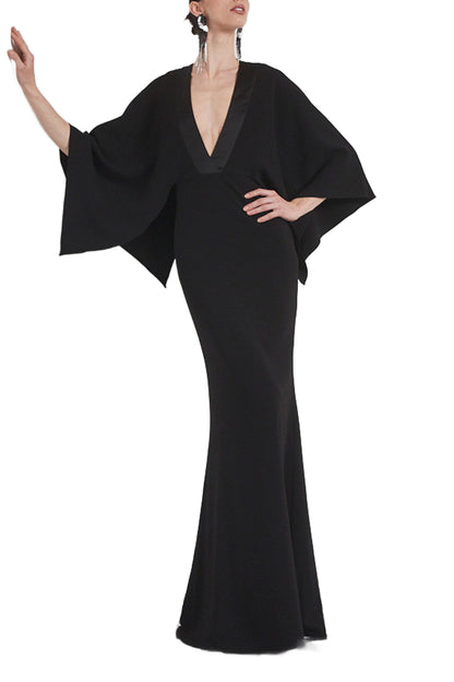 Badgley Mischka Heavy Stretch Crepe With Satin Trim Gown - BLACK - NECKLINE 