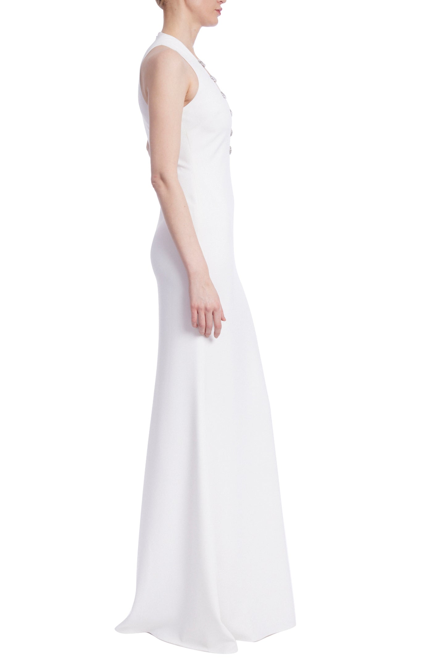 Badgley Mischka Sleeveless Crepe Embellished Broaches Deep V-Neck Silhouette Gown - LIGHT IVORY - SIDE