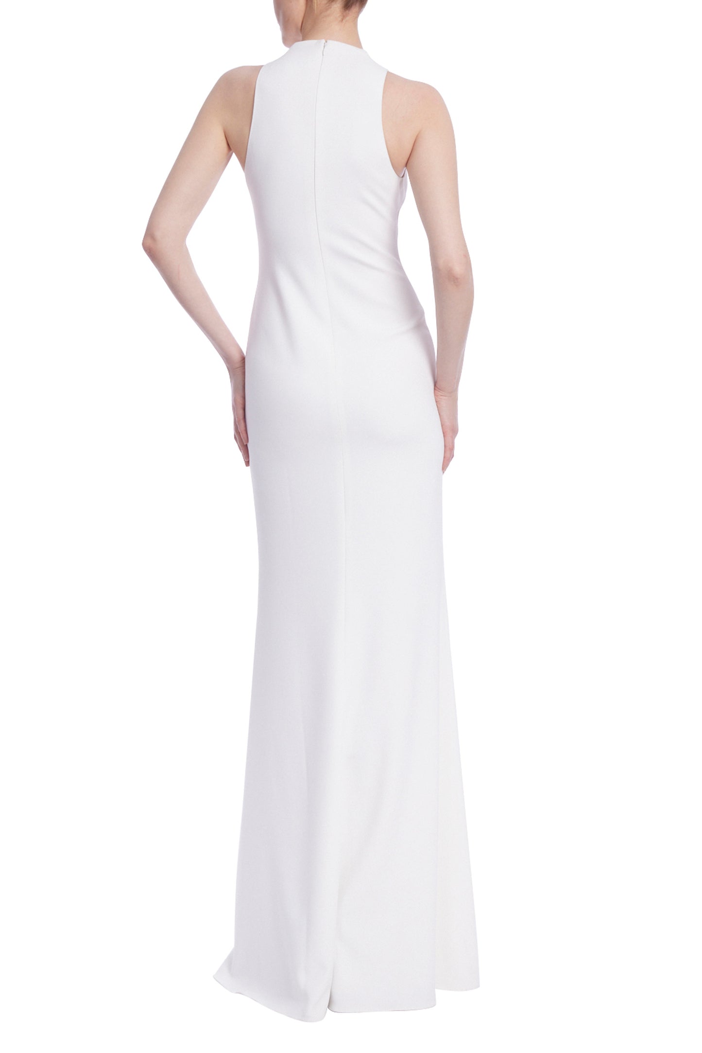 Badgley Mischka Sleeveless Crepe Embellished Broaches Deep V-Neck Silhouette Gown -  LIGHT IVORY - Back 