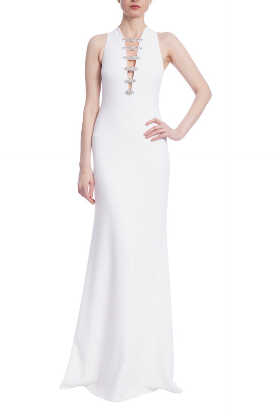 Badgley Mischka Sleeveless Crepe Embellished Broaches Deep V-Neck Silhouette Gown - LIGHT IVORY_front