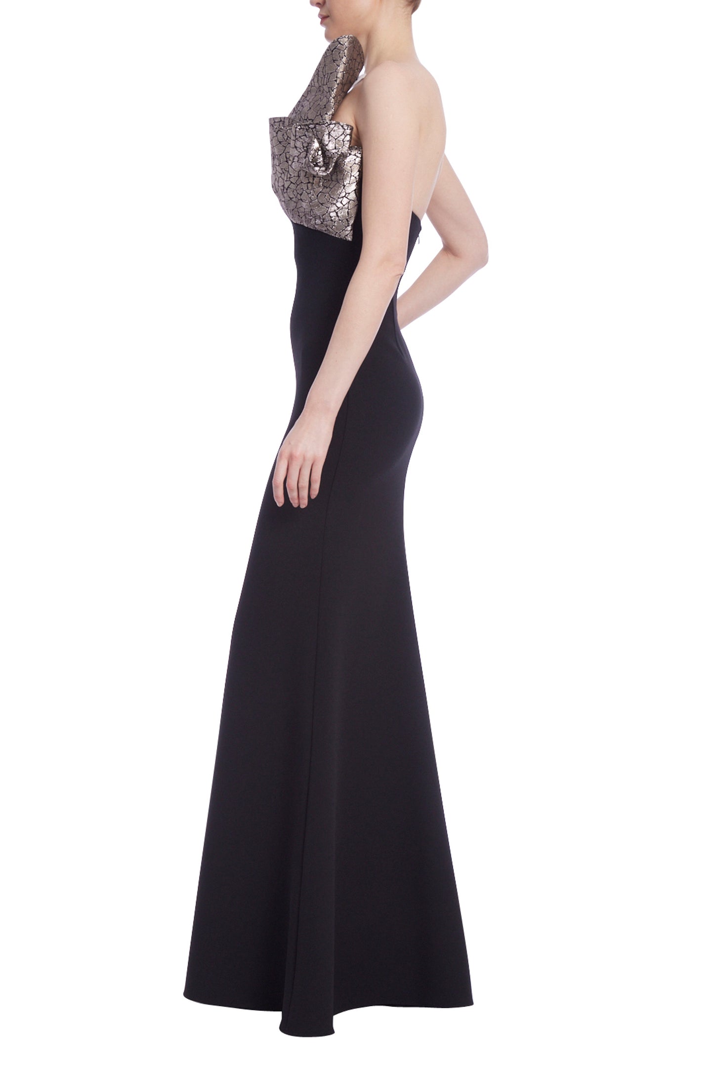 Badgley Mischka Stretch Crepe High Neckline Strapless Asymmetrical Bodycon Gown - BLACK GOLD - Side