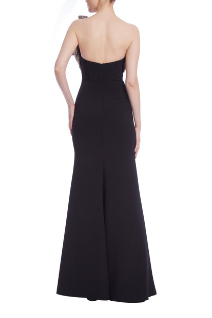 Badgley Mischka Stretch Crepe High Neckline Strapless Asymmetrical Bodycon Gown - BLACK GOLD - Back