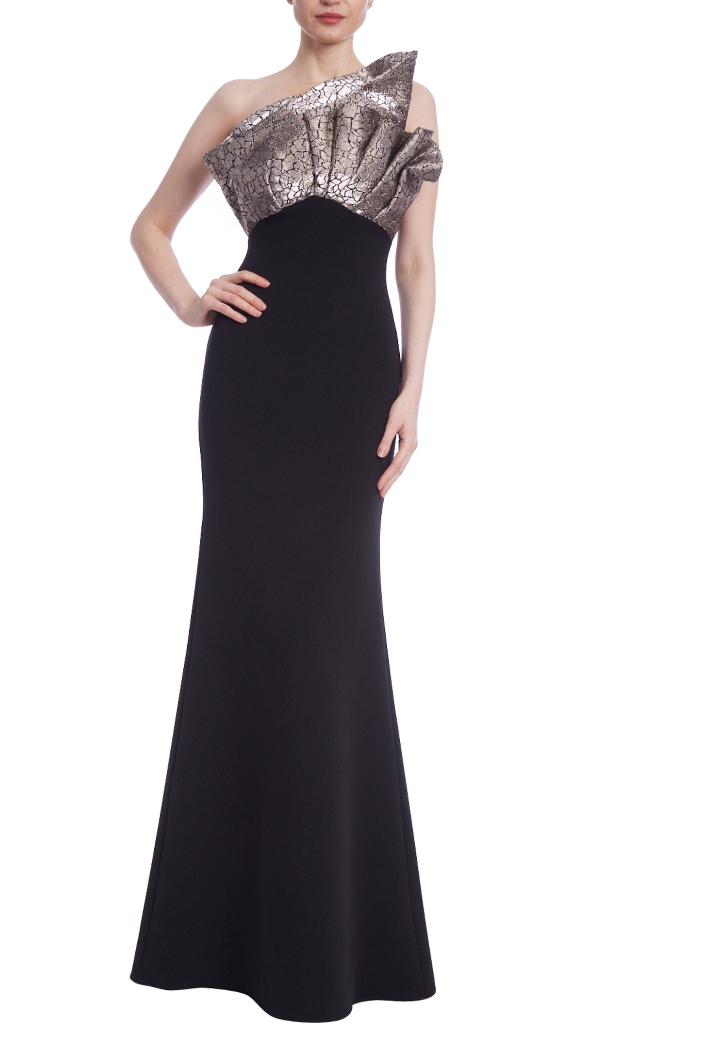 Badgley Mischka Stretch Crepe High Neckline Strapless Asymmetrical Bodycon Gown - BLACK GOLD - Front