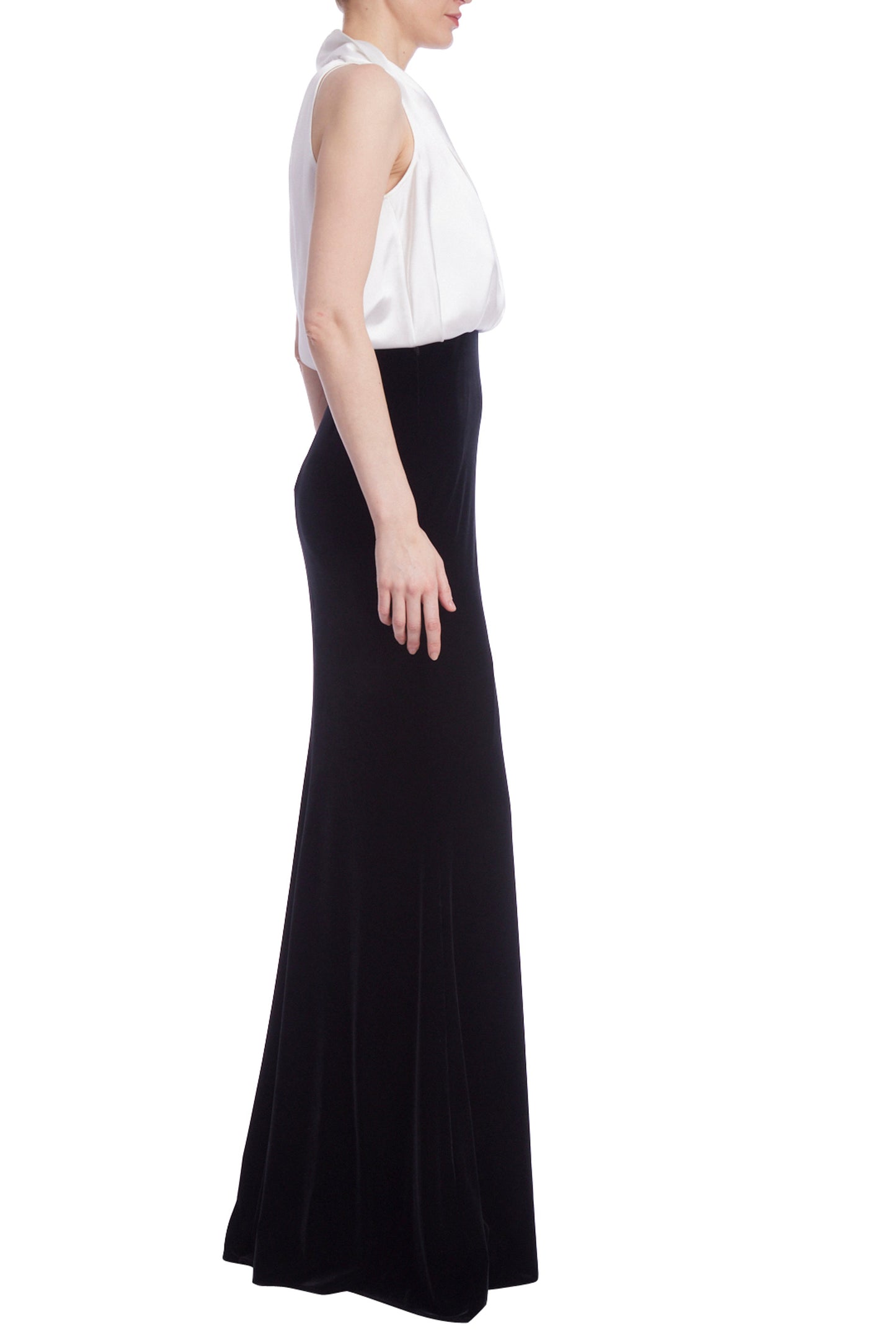 Badgley Mischka Sleeveless Contrast Column Satin Shirt Velvet Skirt Subtle Bodice Gown - BLACK WHITE - Side