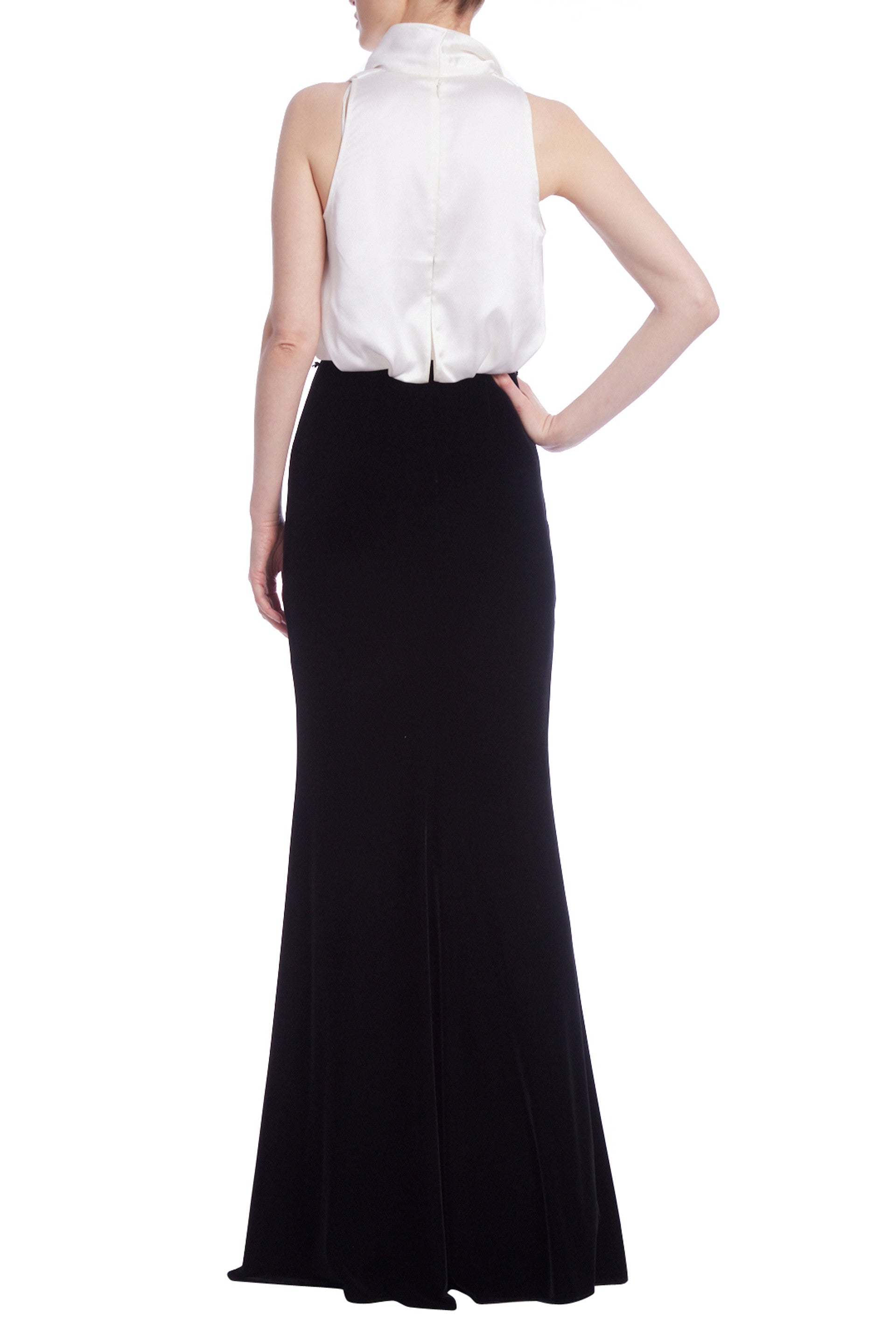 Badgley Mischka Sleeveless Contrast Column Satin Shirt Velvet Skirt Subtle Bodice Gown - BLACK WHITE - Back 