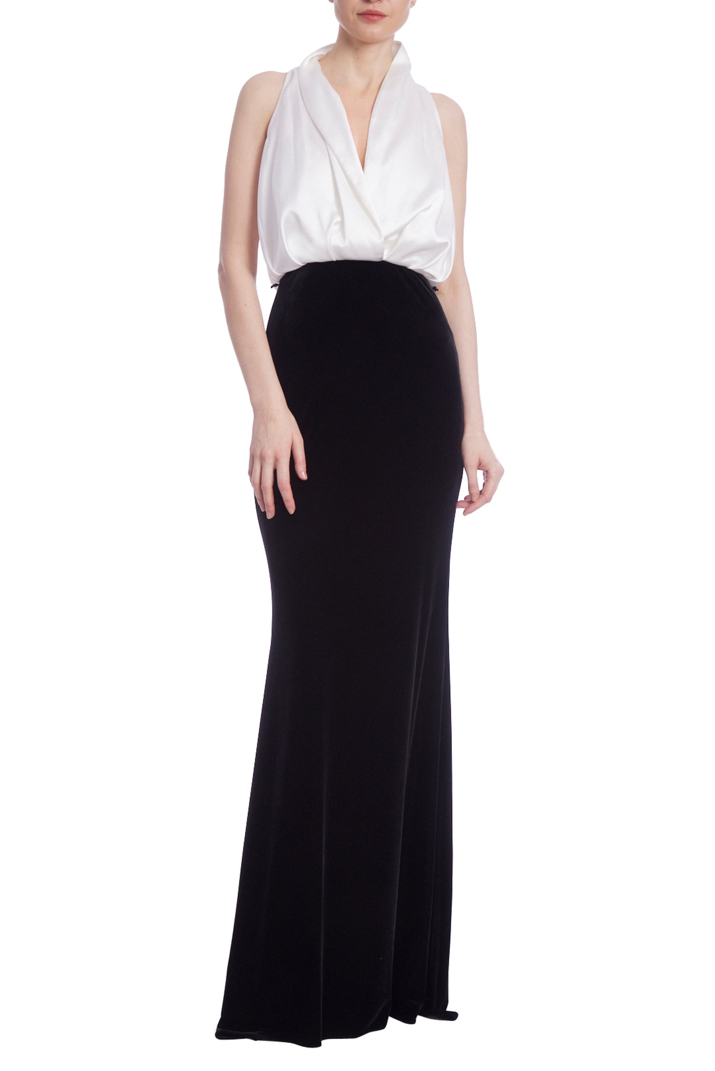 Badgley Mischka Sleeveless Contrast Column Satin Shirt Velvet Skirt Subtle Bodice Gown - BLACK WHITE - Front