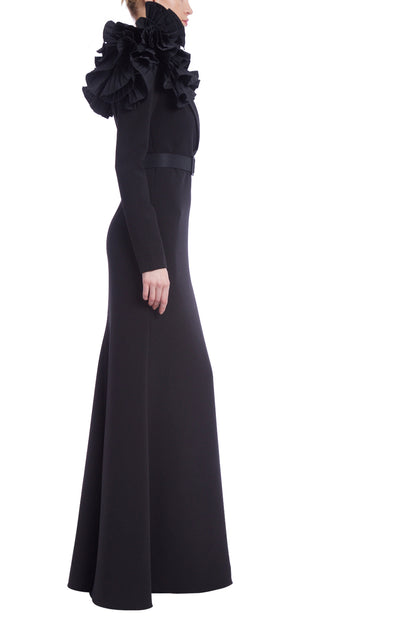 Badgley Mischka Deep V-Neck Long Sleeve Traffeta Ruffle Coat Shoulder With Belt Stretch Crepe Bodice Gown -  BLACK - Side