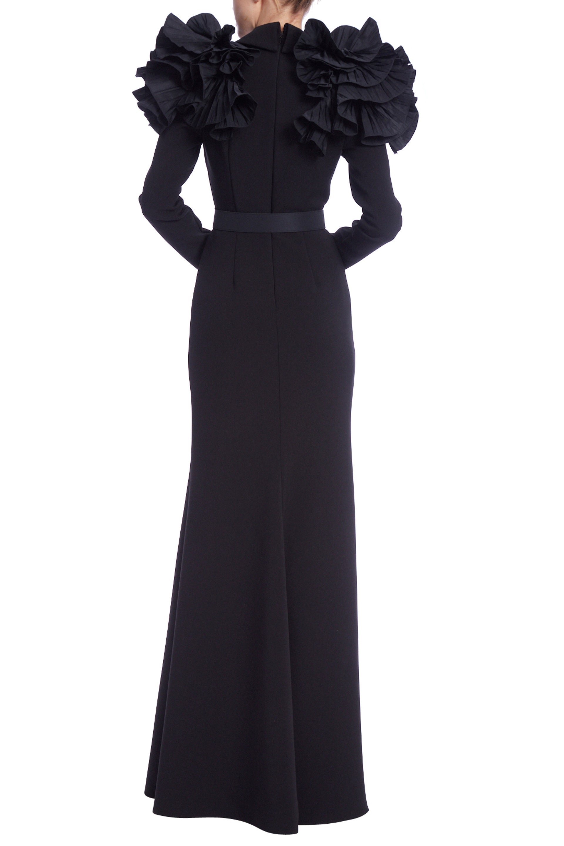 Badgley Mischka Deep V-Neck Long Sleeve Traffeta Ruffle Coat Shoulder With Belt Stretch Crepe Bodice Gown - BLACK - Back