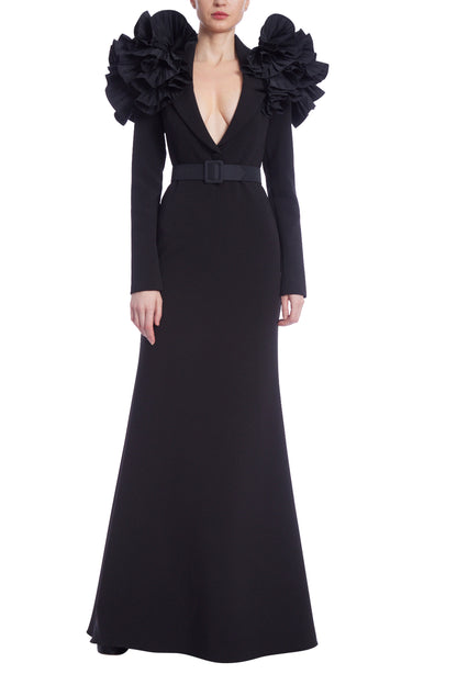 Badgley Mischka Deep V-Neck Long Sleeve Traffeta Ruffle Coat Shoulder With Belt Stretch Crepe Bodice Gown - BLACK - Front