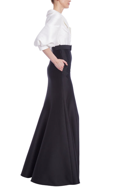 Badgley Mischka Collared Neck Puffy-Sleeved Belted Two-Tone Mikado Shirt Mermaid Gown