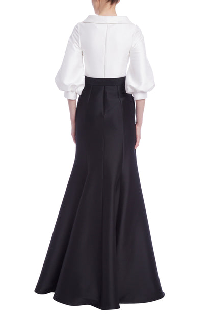 Badgley Mischka Collared Neck Puffy-Sleeved Belted Two-Tone Mikado Shirt Mermaid Gown - BLACK WHITE - Back