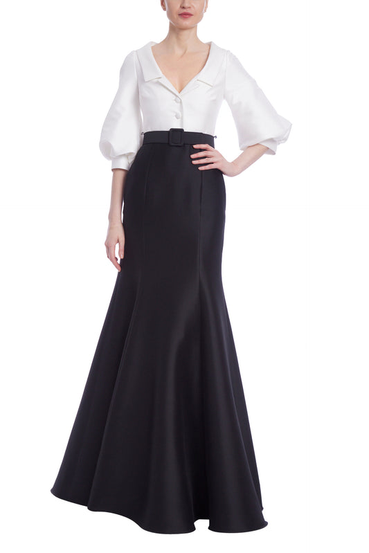 Badgley Mischka Collared Neck Puffy-Sleeved Belted Two-Tone Mikado Shirt Mermaid Gown - BLACK WHITE - Front