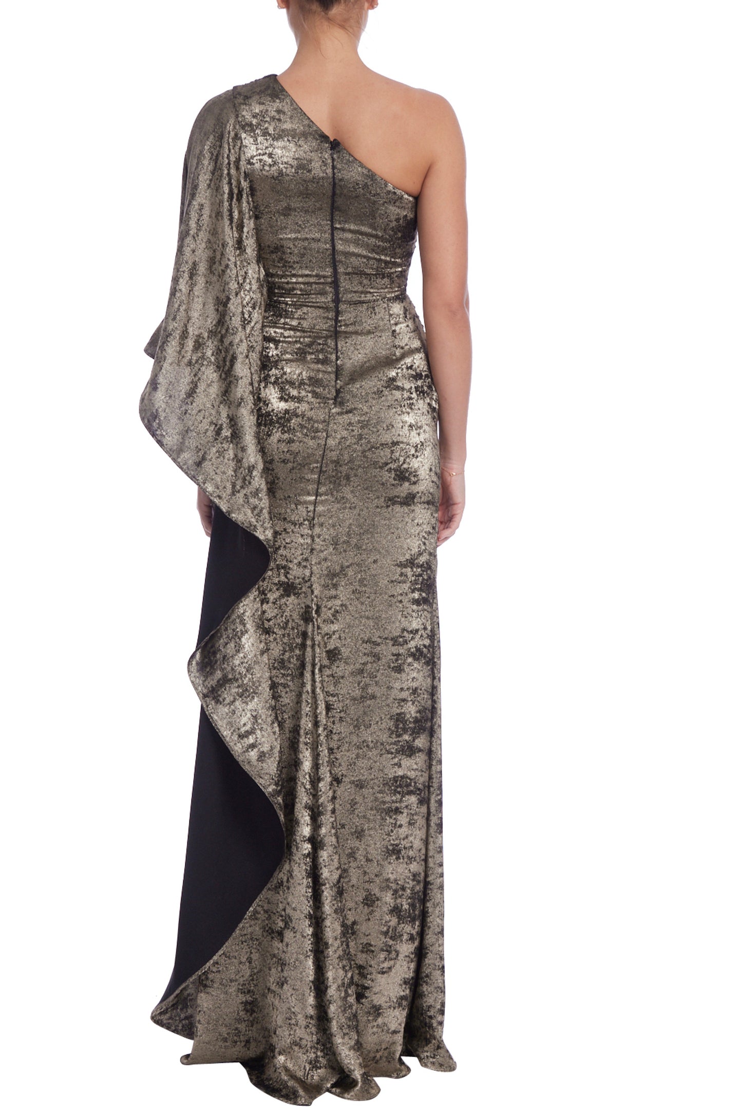 Badgley Mischka One Sleeve Shoulder Drapey Long Sleeve Foiled Velvet Bodice Hug Gown - PEWTER - Back