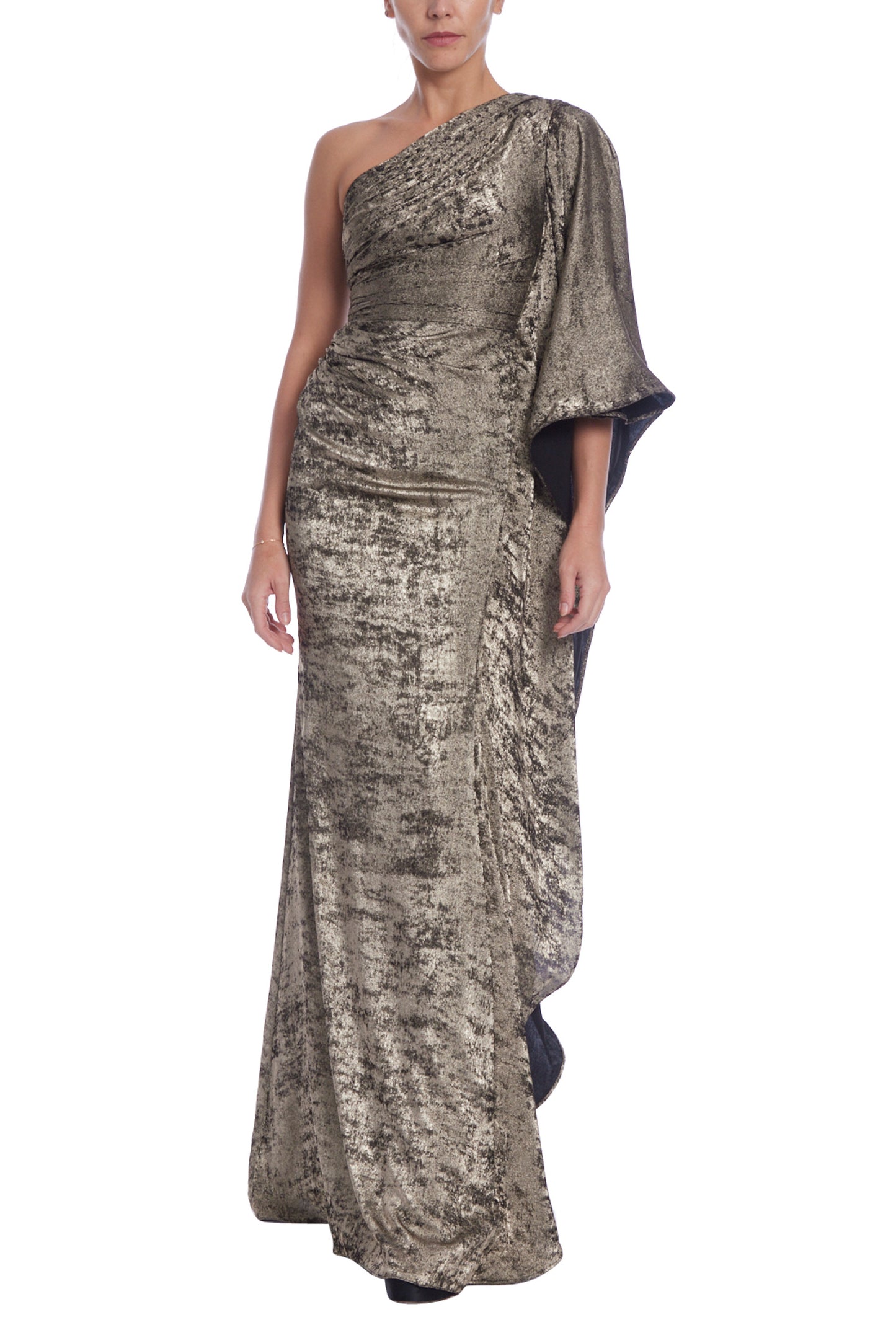 Badgley Mischka One Sleeve Shoulder Drapey Long Sleeve Foiled Velvet Bodice Hug Gown - PEWTER - Front 