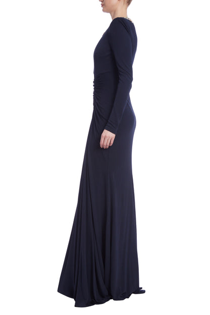 Badgley Mischka Beaded Jewel Neck Long Sleeve Matte Jersey Bodice Gown - NAVY - Side