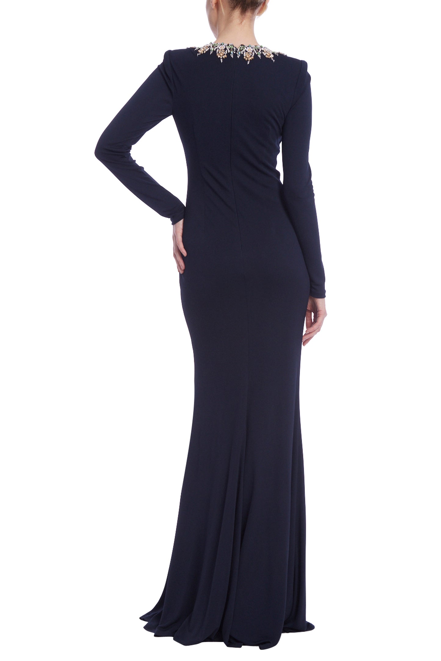 Badgley Mischka Beaded Jewel Neck Long Sleeve Matte Jersey Bodice Gown - NAVY - Back