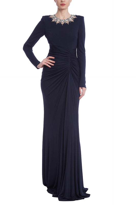 Badgley Mischka Beaded Jewel Neck Long Sleeve Matte Jersey Bodice Gown - NAVY - Front