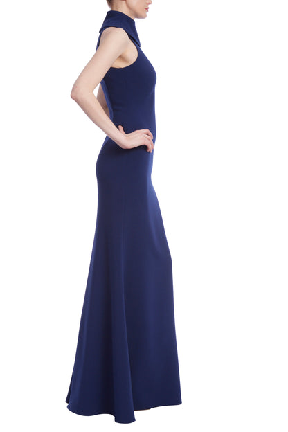 Badgley Mischka Racerback High Neck Column Crepe Gown - NAVY - SIDE