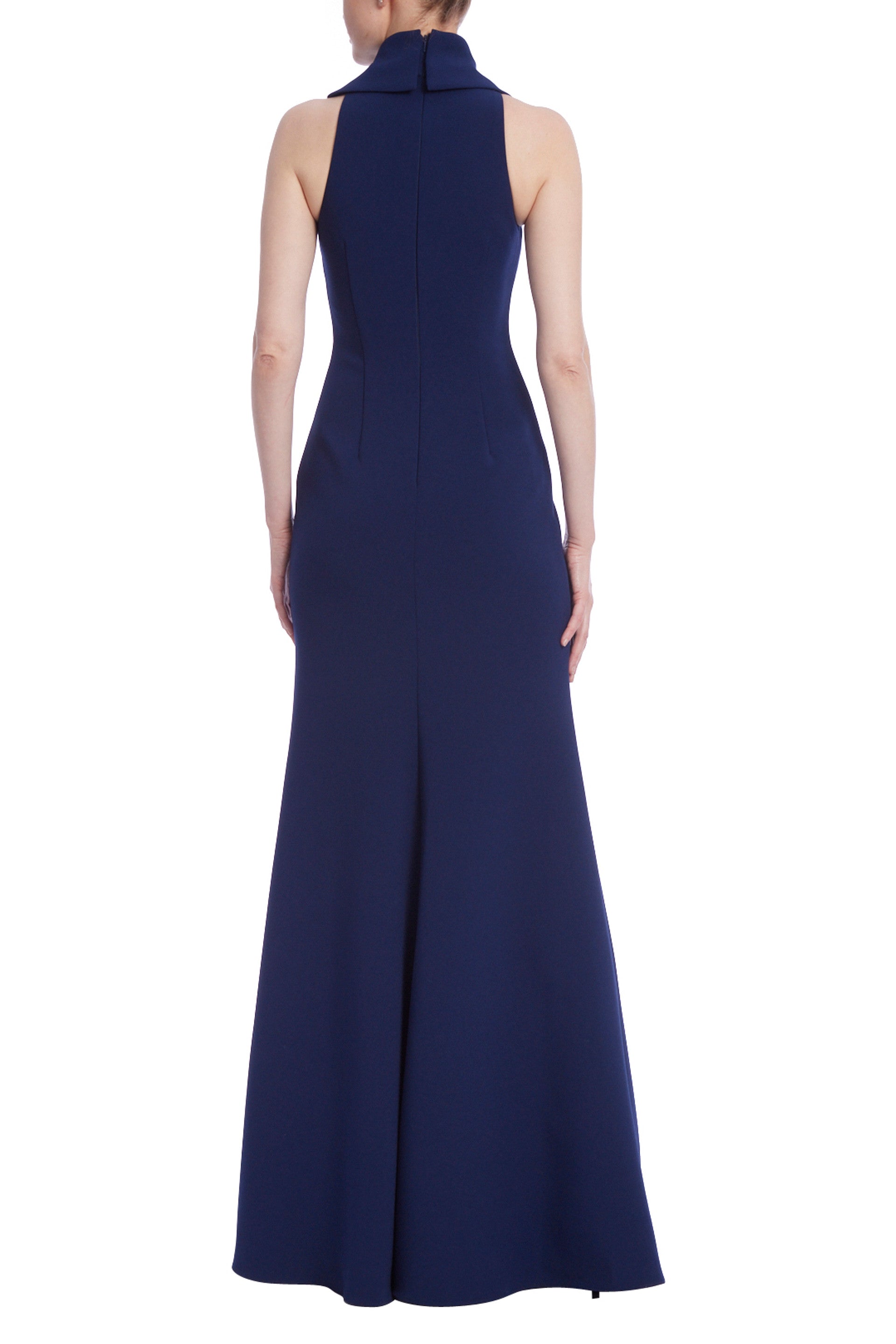 Badgley Mischka Racerback High Neck Column Crepe Gown - NAVY - BACK 