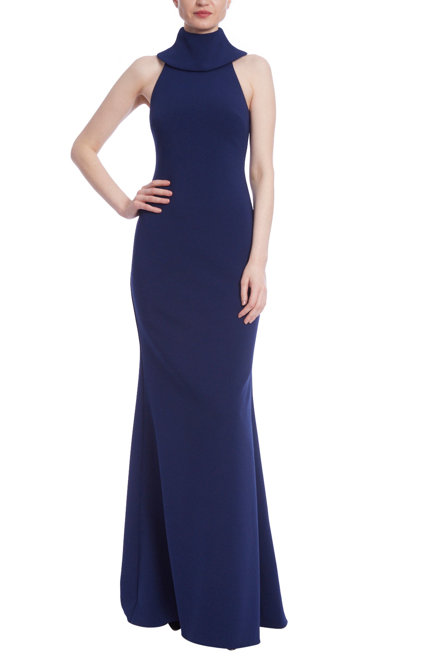 Badgley Mischka Racerback High Neck Column Crepe Gown - NAVY - Front