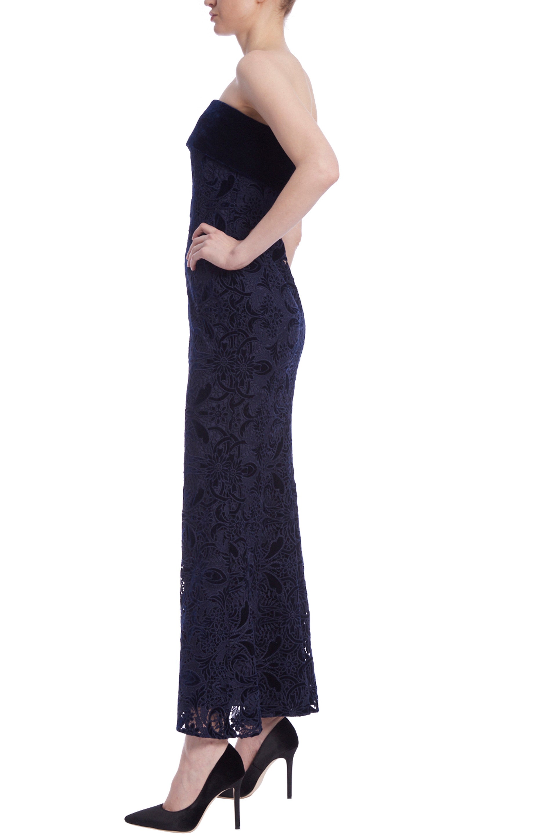 Badgley Mischka Lace Velvet Mixed Media Popover Strapless Midi Bodice Dress - NAVY - SIDE