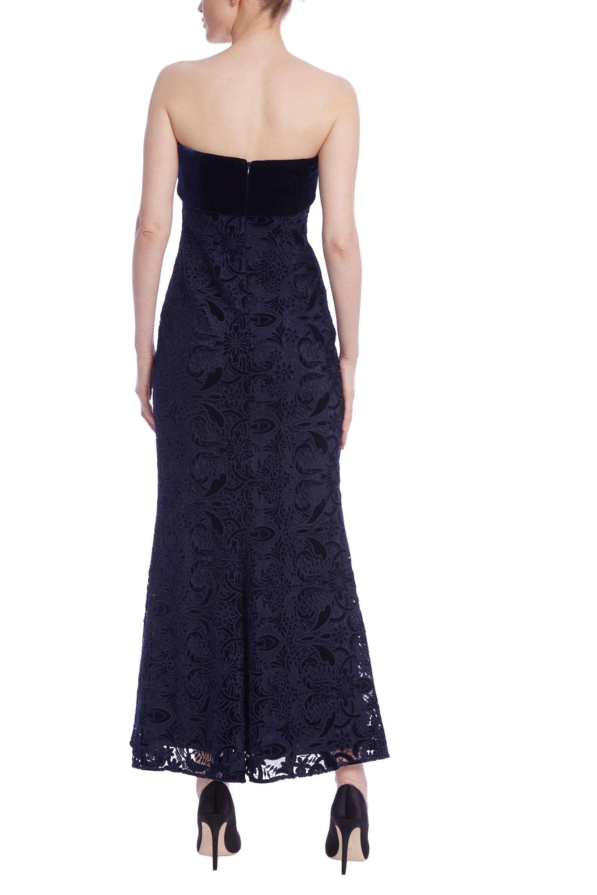 Badgley Mischka Lace Velvet Mixed Media Popover Strapless Midi Bodice Dress - NAVY - Back
