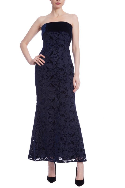 Badgley Mischka Lace Velvet Mixed Media Popover Strapless Midi Bodice Dress - NAVY - Front