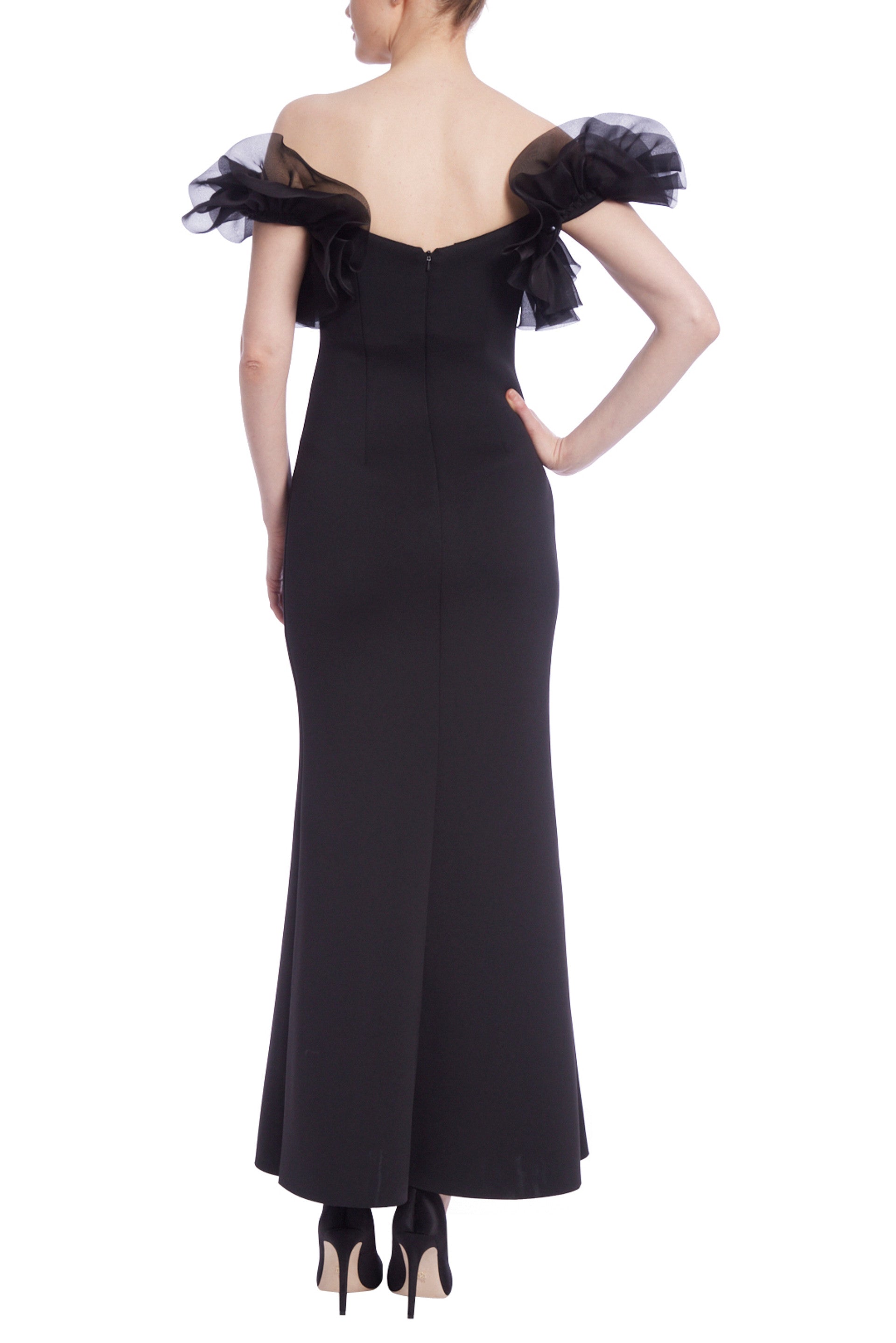 Badgley Mischka Off-Shoulder Petal Organza Ruffle Sleeveless Gown Dress - BLACK - Back